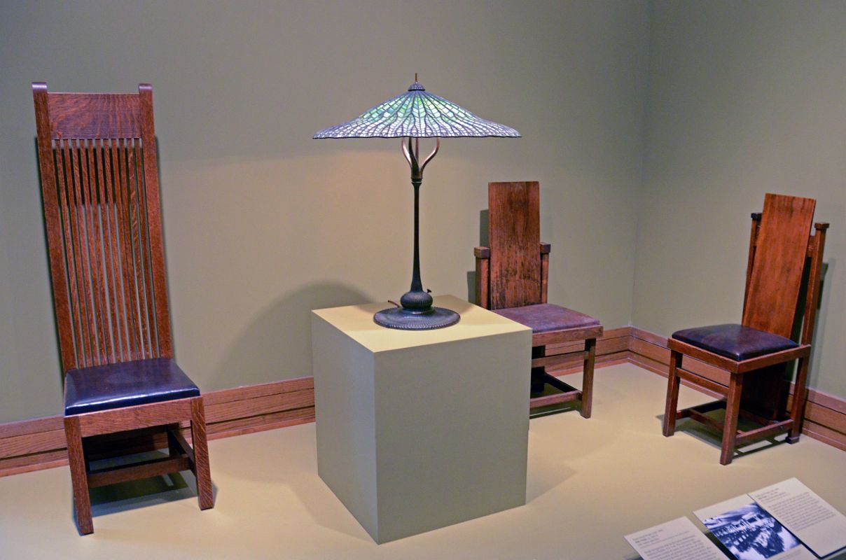 744 Side Chairs by Frank Lloyd Wright 1899-1906 And Lotus Pagoda Lamp by Tiffany 1900-15 - American Wing New York Metropolitan Museum of Art